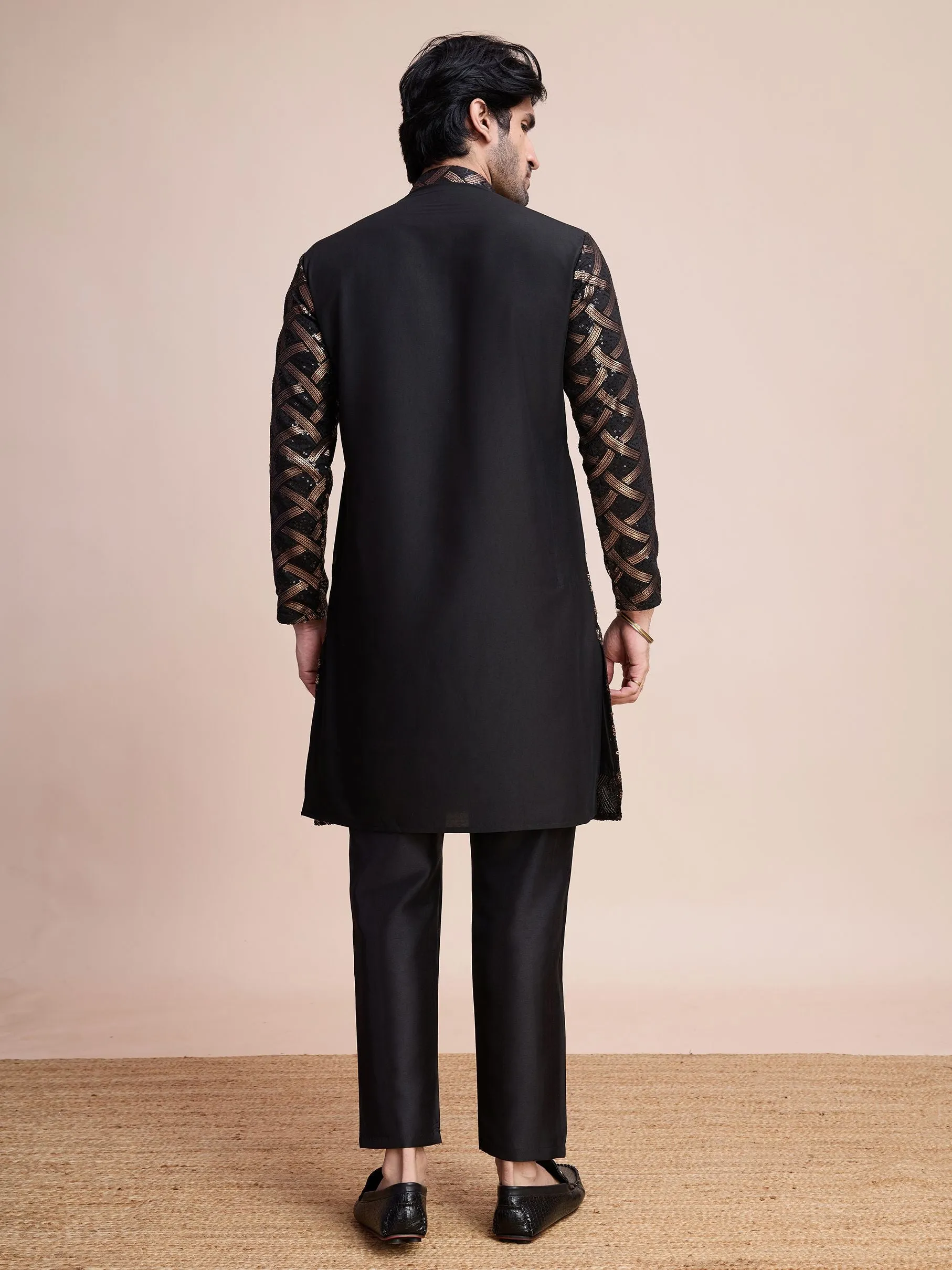 Black Colour Soft Silk Heavy Thread Work With Sequines Work Kurta Payjama