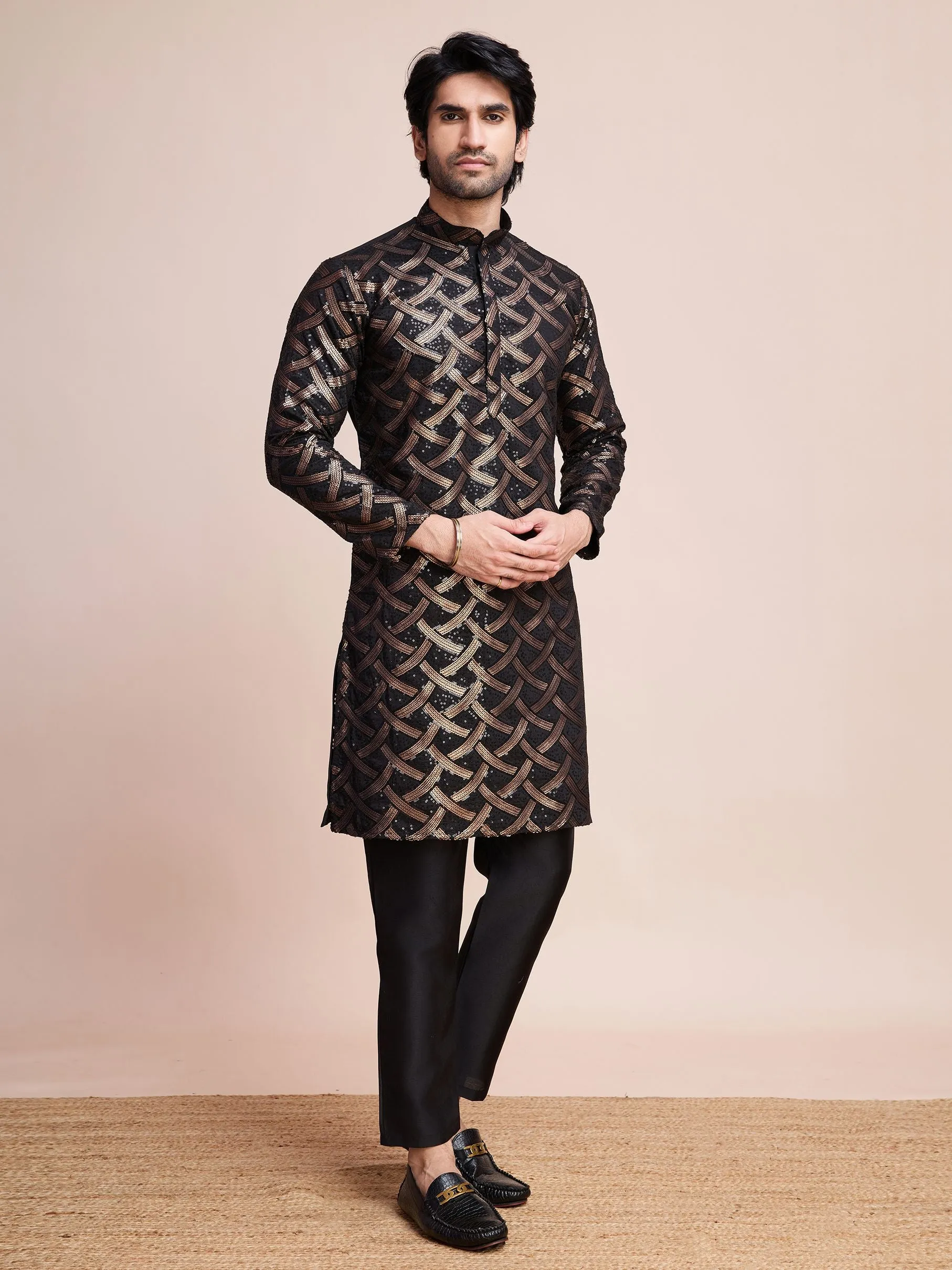 Black Colour Soft Silk Heavy Thread Work With Sequines Work Kurta Payjama