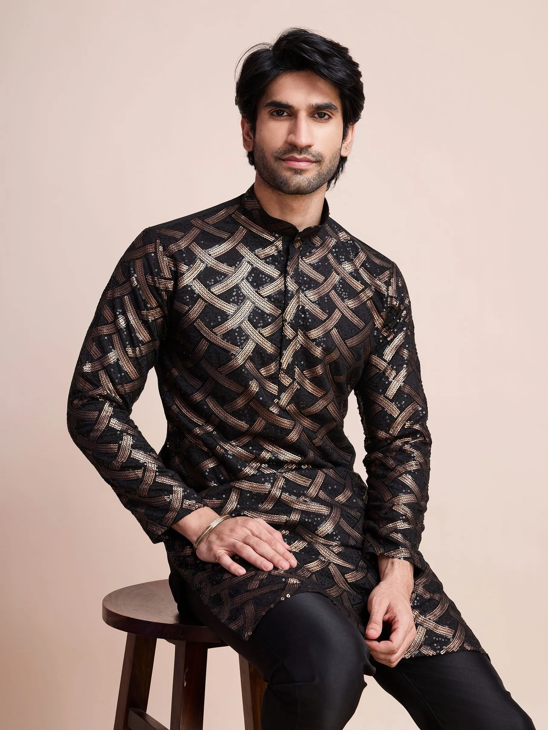 Black Colour Soft Silk Heavy Thread Work With Sequines Work Kurta Payjama