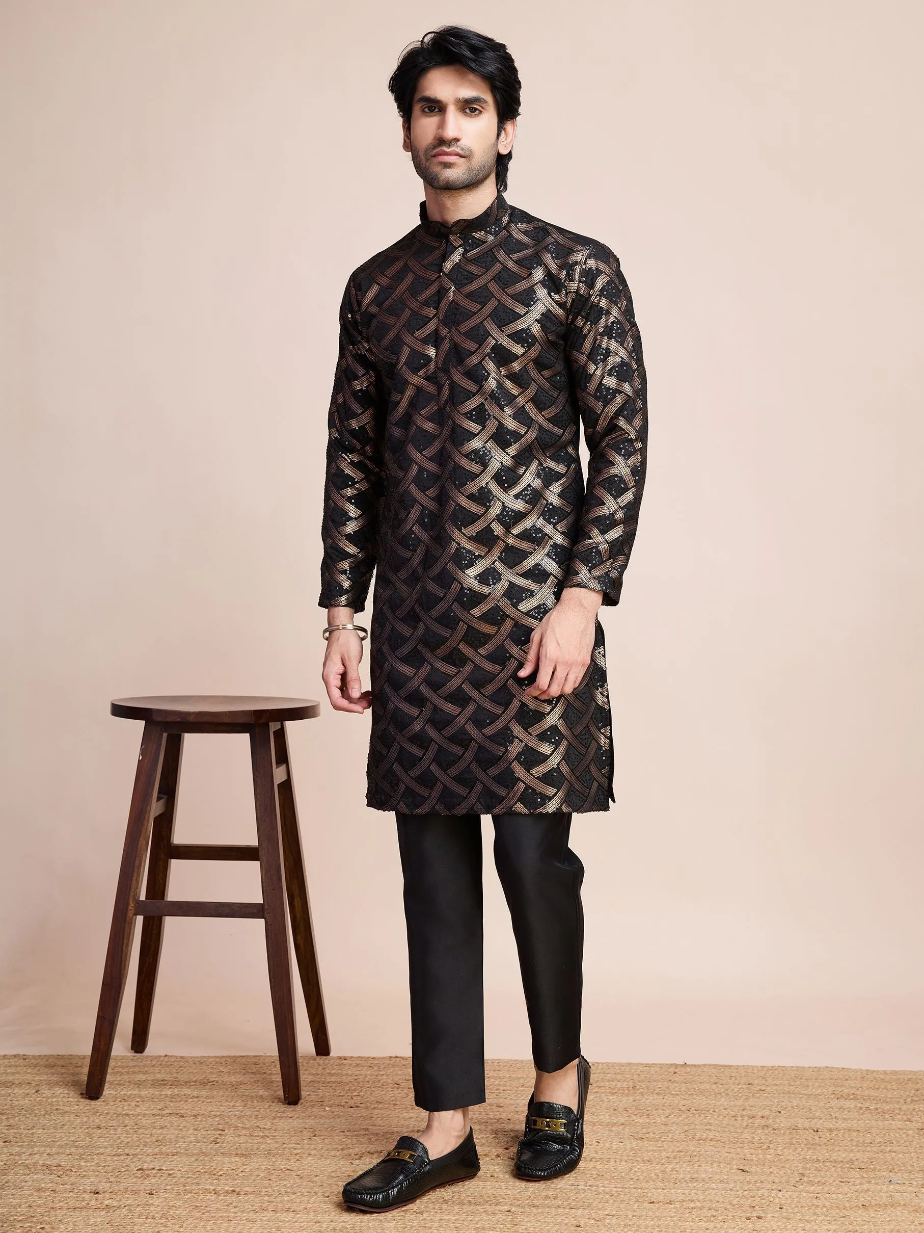 Black Colour Soft Silk Heavy Thread Work With Sequines Work Kurta Payjama