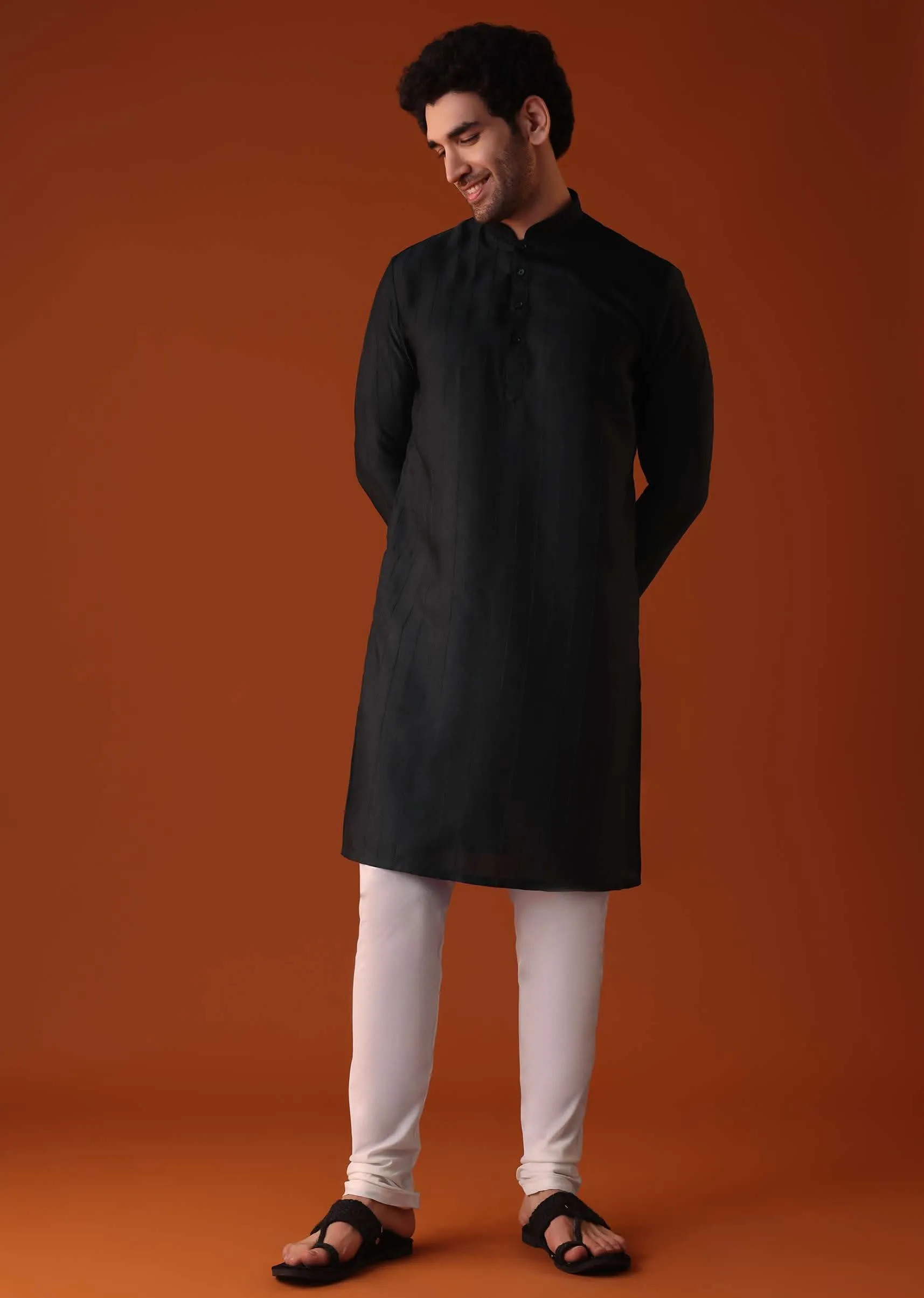 Black Polyester Kurta With Zari Work Detailing