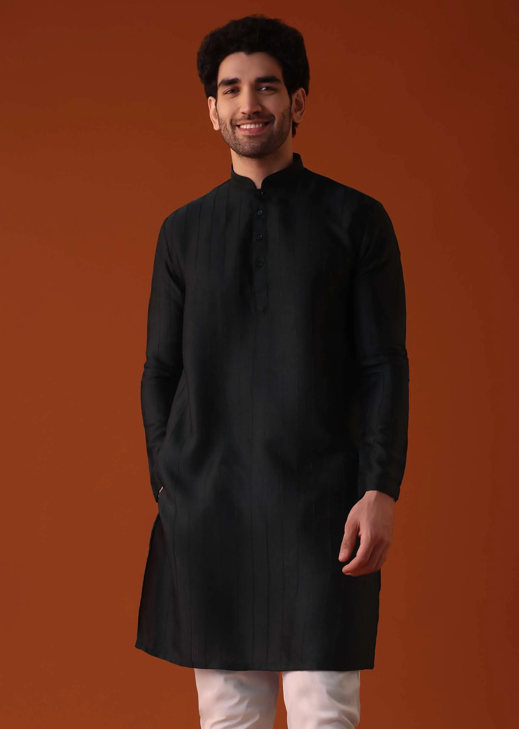 Black Polyester Kurta With Zari Work Detailing