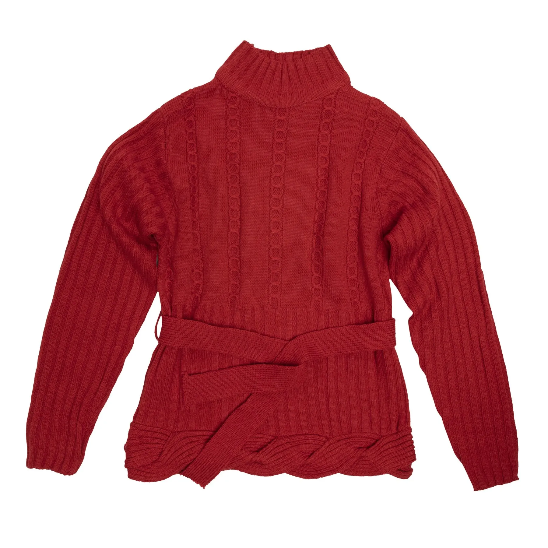Braided Cable Belted Mock Neck Pullover Sweater