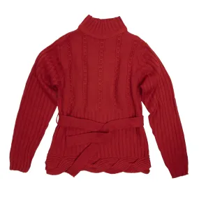 Braided Cable Belted Mock Neck Pullover Sweater