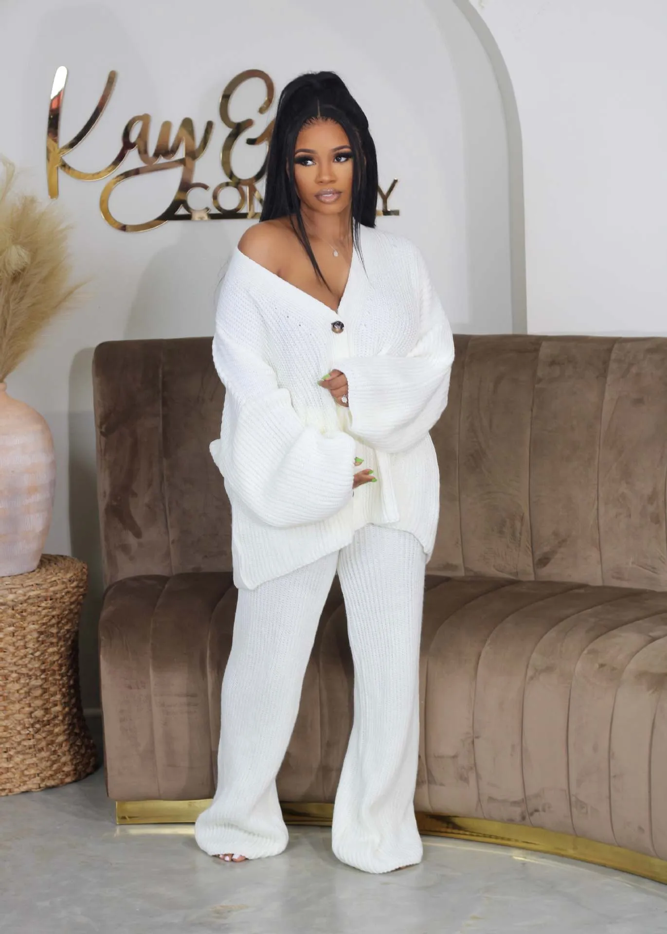 Cardigan wide leg pants sweater set