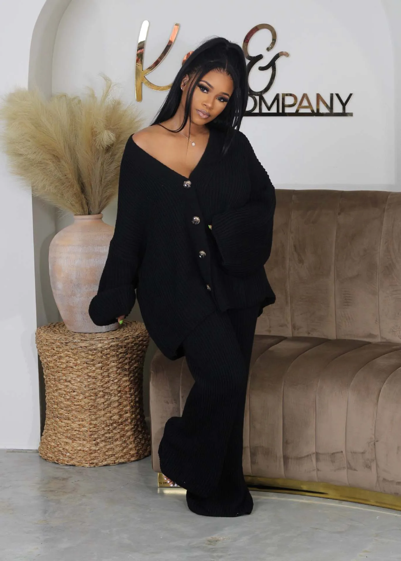 Cardigan wide leg pants sweater set