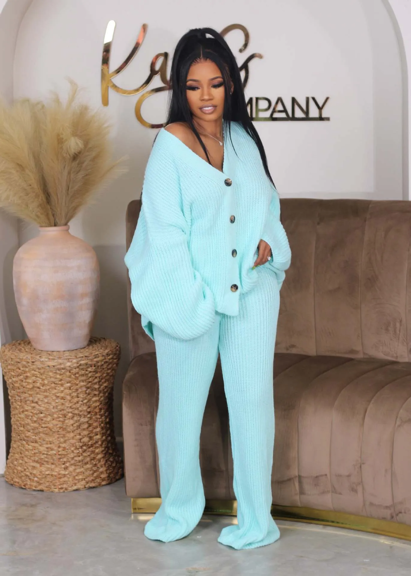 Cardigan wide leg pants sweater set
