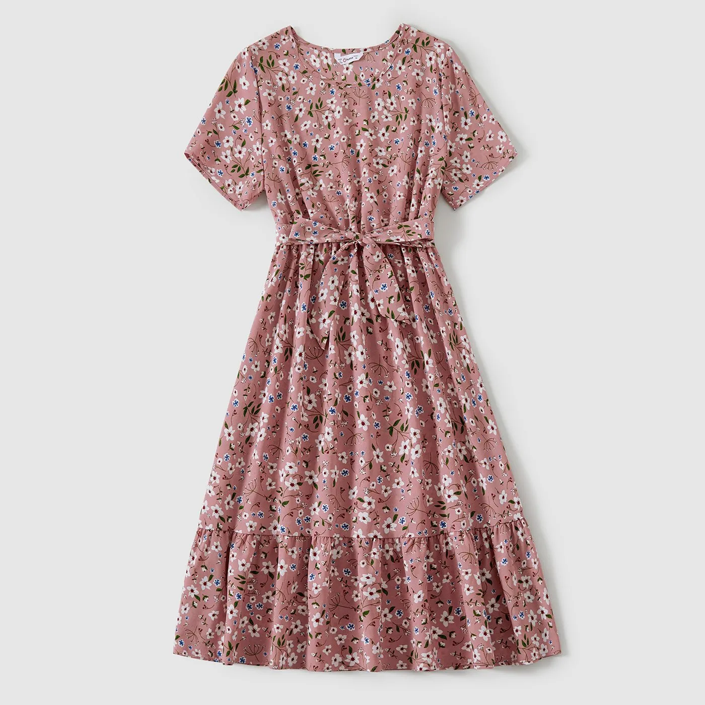 Family Matching Allover Floral Print Short-sleeve Belted Dresses and Colorblock T-shirts Sets