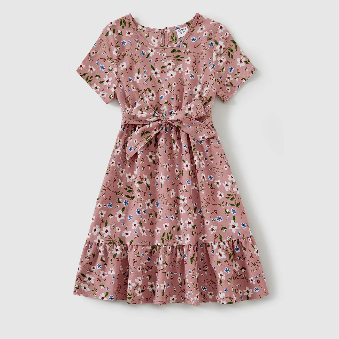 Family Matching Allover Floral Print Short-sleeve Belted Dresses and Colorblock T-shirts Sets