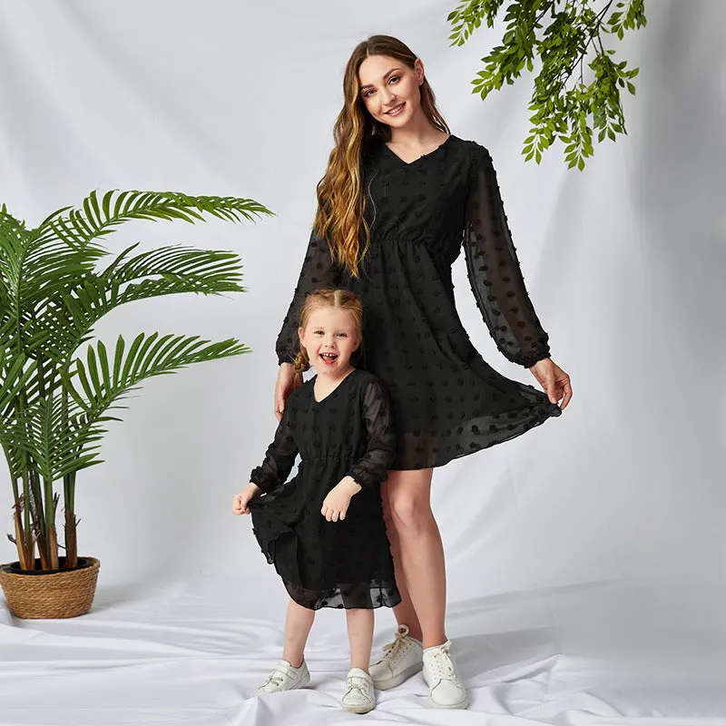 Floral Appliques Mesh Long-sleeve for Mom and Me