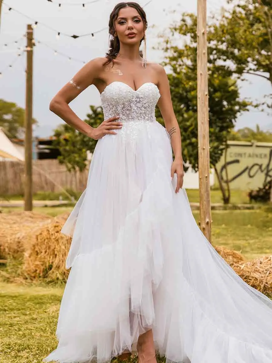 High Low Country Wedding Dress A-line Tulle Strapless