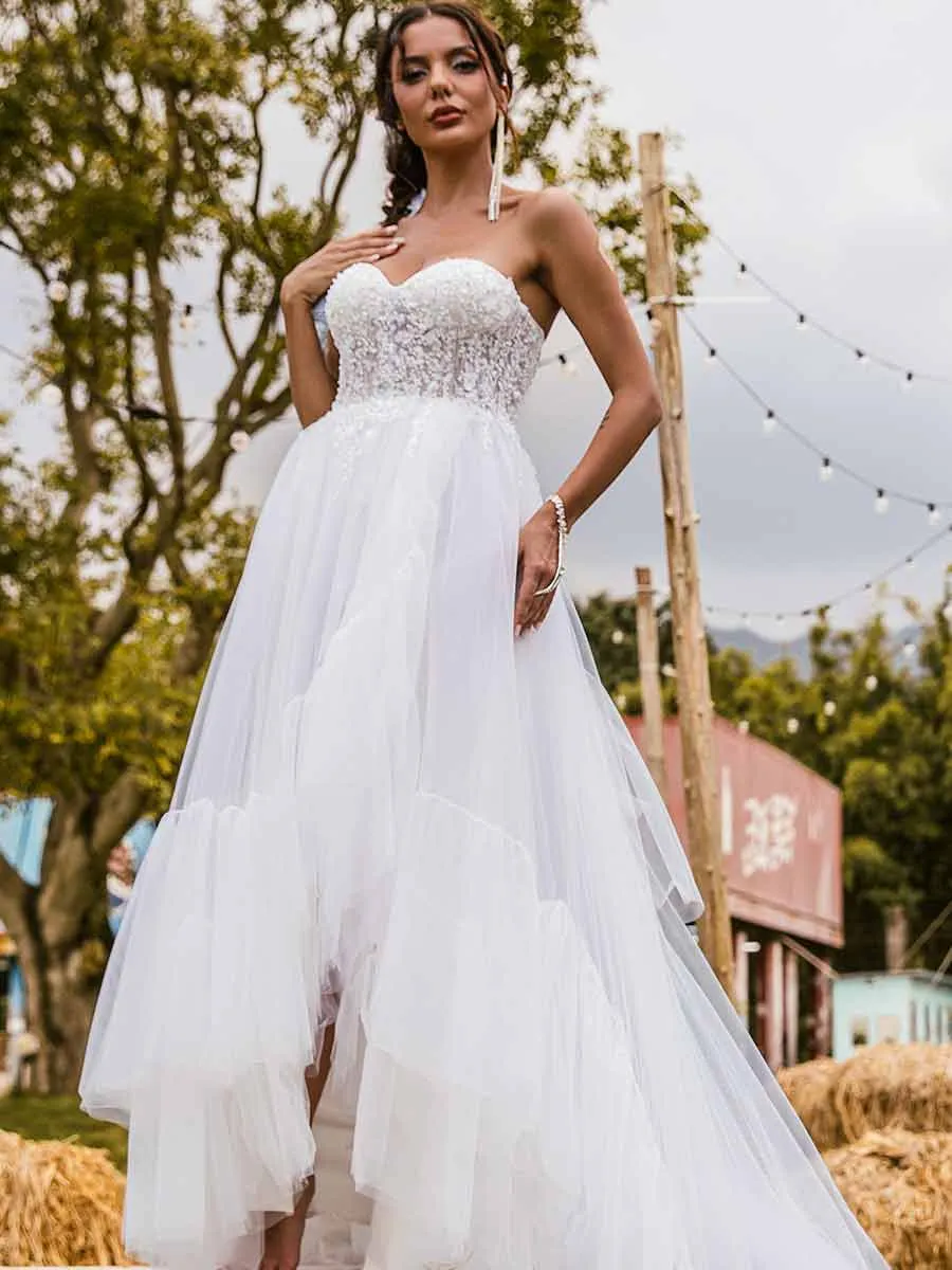 High Low Country Wedding Dress A-line Tulle Strapless