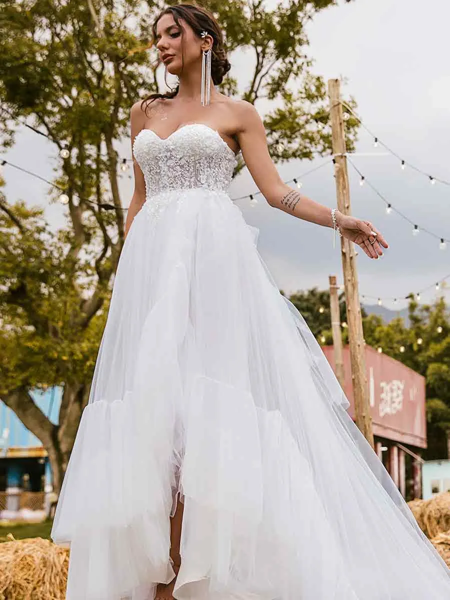 High Low Country Wedding Dress A-line Tulle Strapless