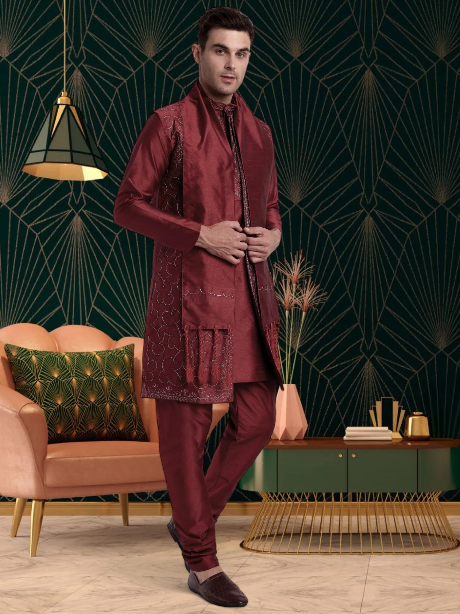 Kurta Pajama For Men With Jacket And Stole Festival Wedding Party Dress Set Red