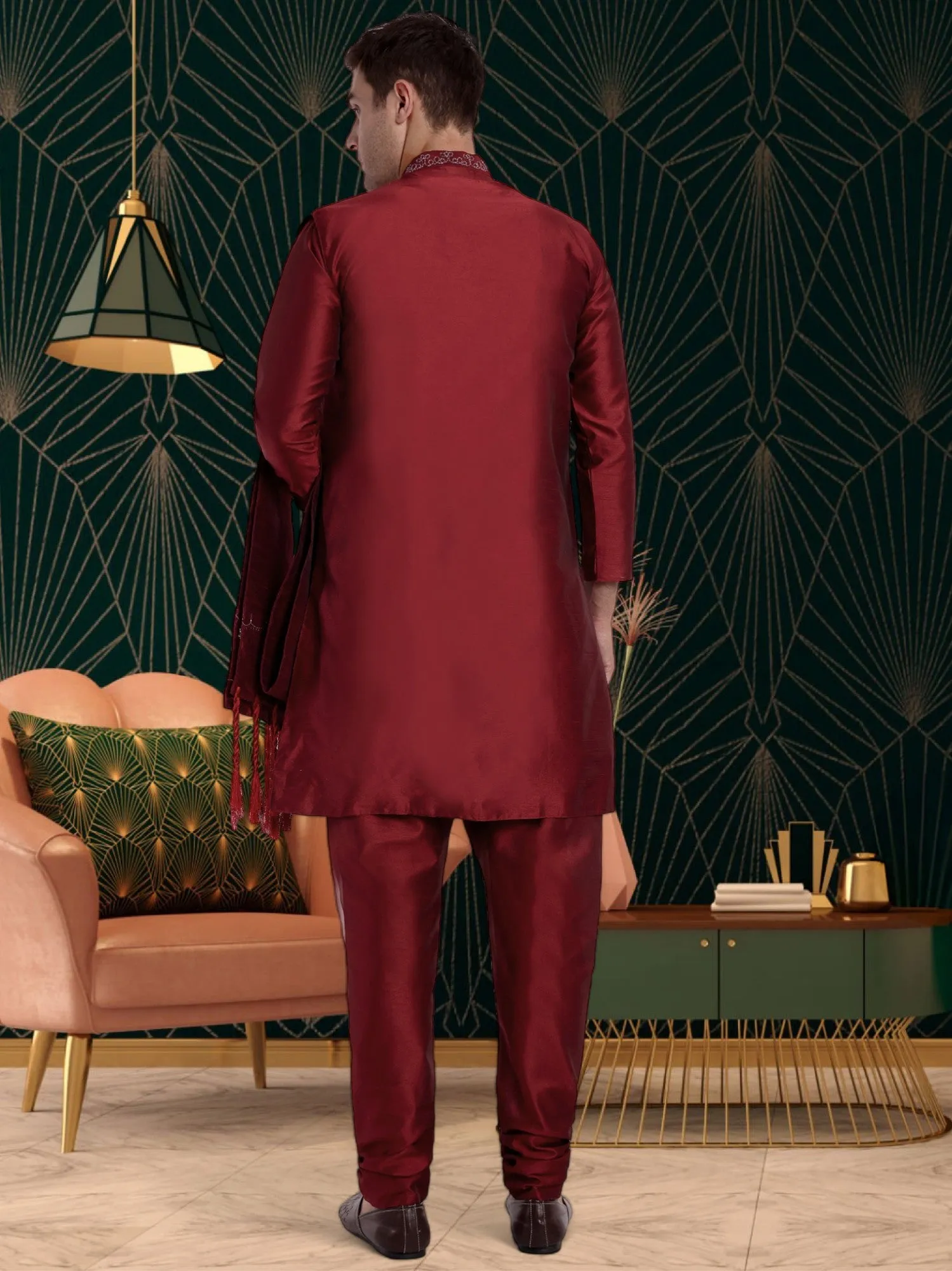 Kurta Pajama For Men With Jacket And Stole Festival Wedding Party Dress Set Red