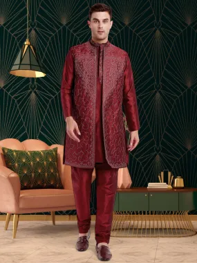 Kurta Pajama For Men With Jacket And Stole Festival Wedding Party Dress Set Red