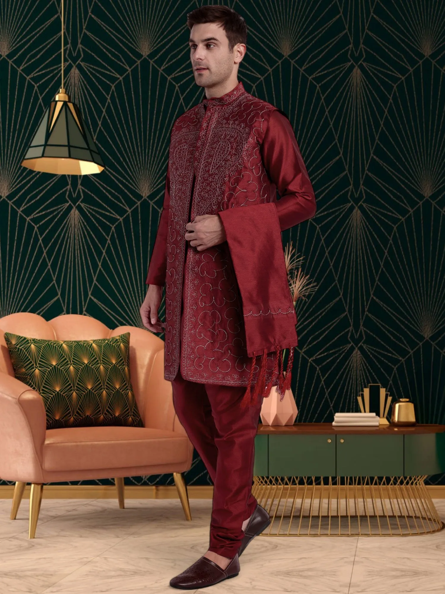 Kurta Pajama For Men With Jacket And Stole Festival Wedding Party Dress Set Red