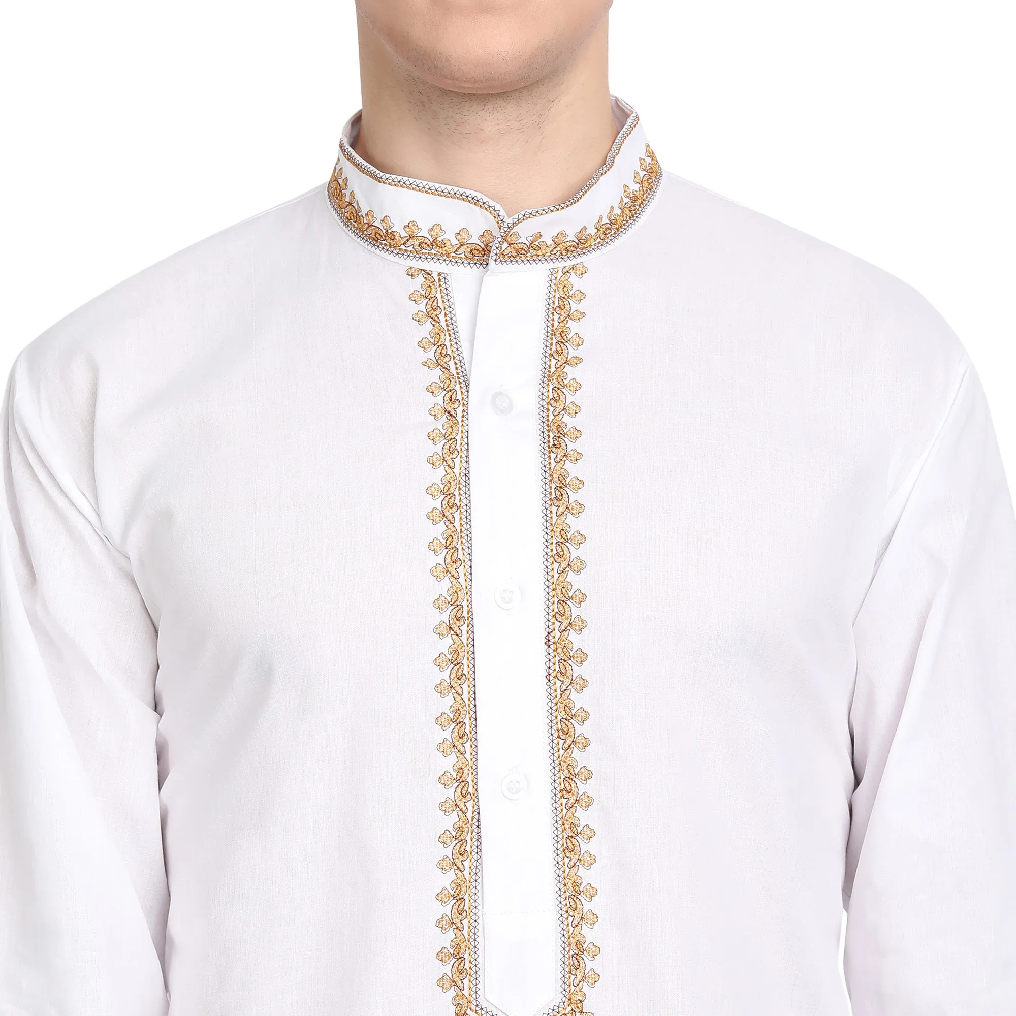 Kurta Pajama Set For Men Embroide Cotton Party Dress White