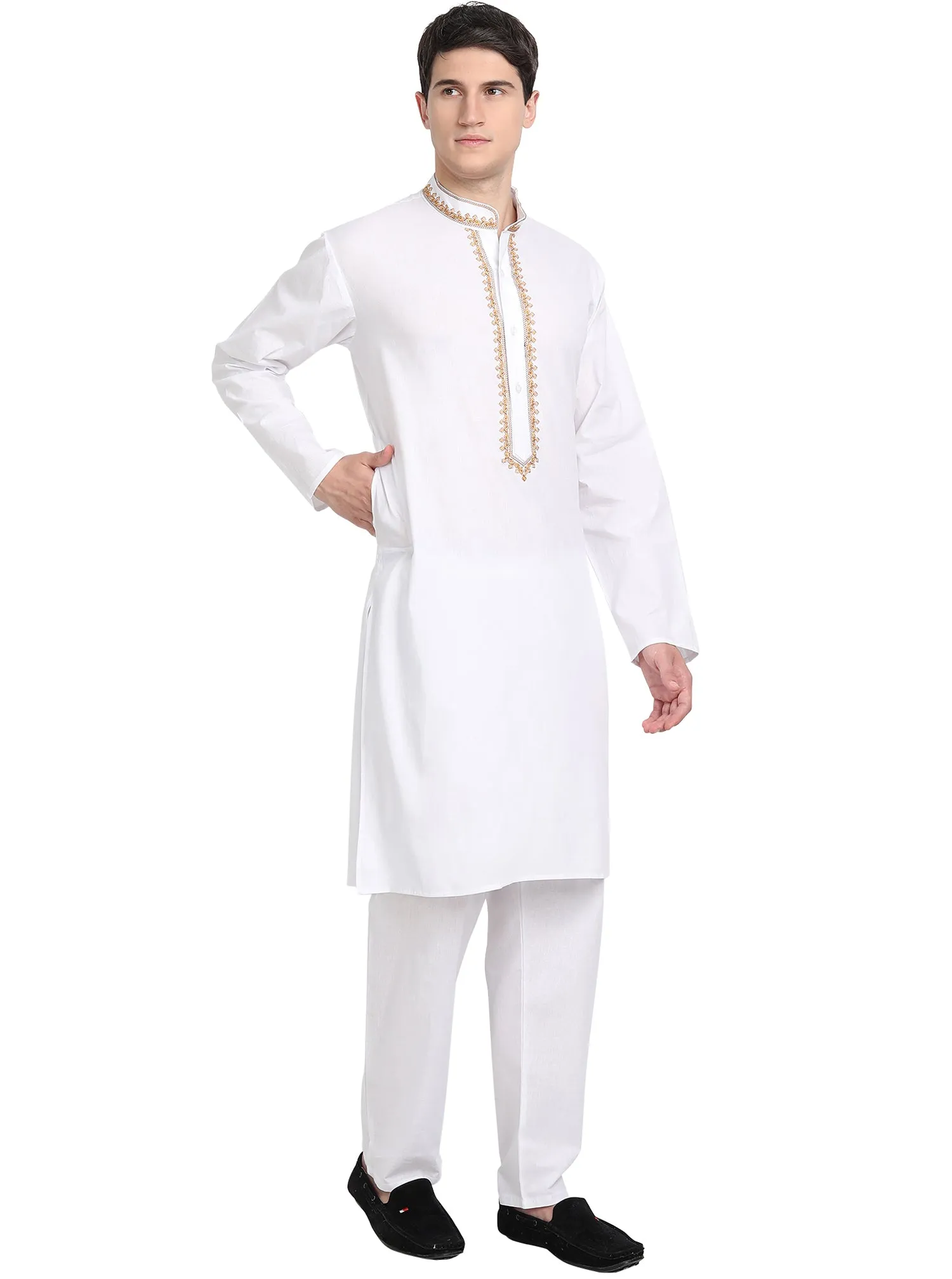 Kurta Pajama Set For Men Embroide Cotton Party Dress White