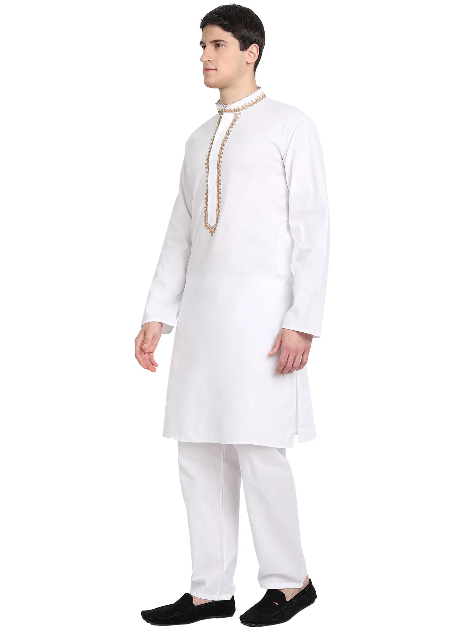 Kurta Pajama Set For Men Embroide Cotton Party Dress White