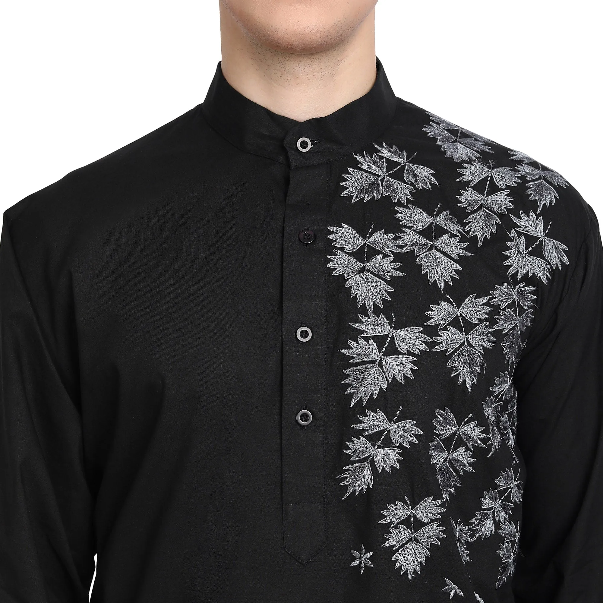 Kurta Pajama Set For Men Embroide Cotton Wedding Party Dress Black