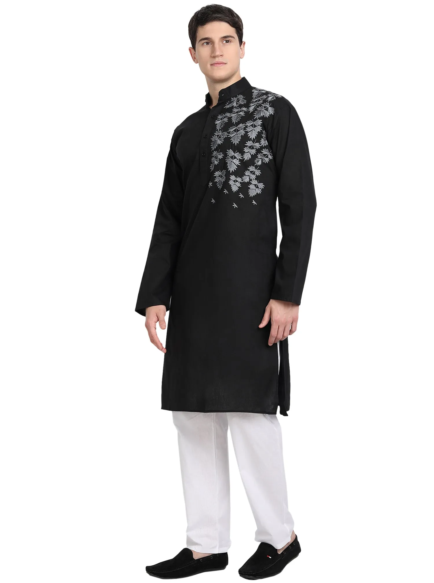 Kurta Pajama Set For Men Embroide Cotton Wedding Party Dress Black