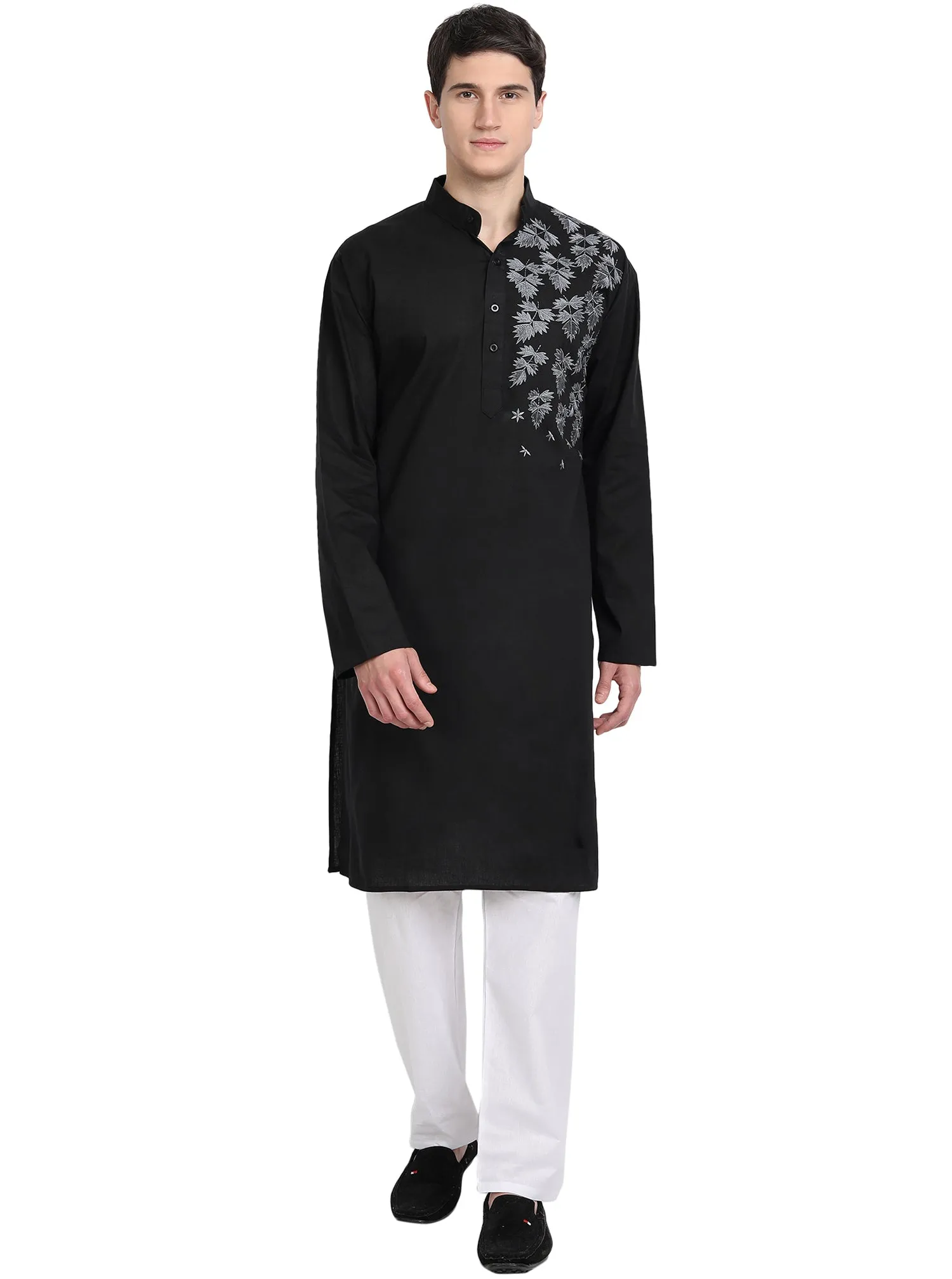 Kurta Pajama Set For Men Embroide Cotton Wedding Party Dress Black