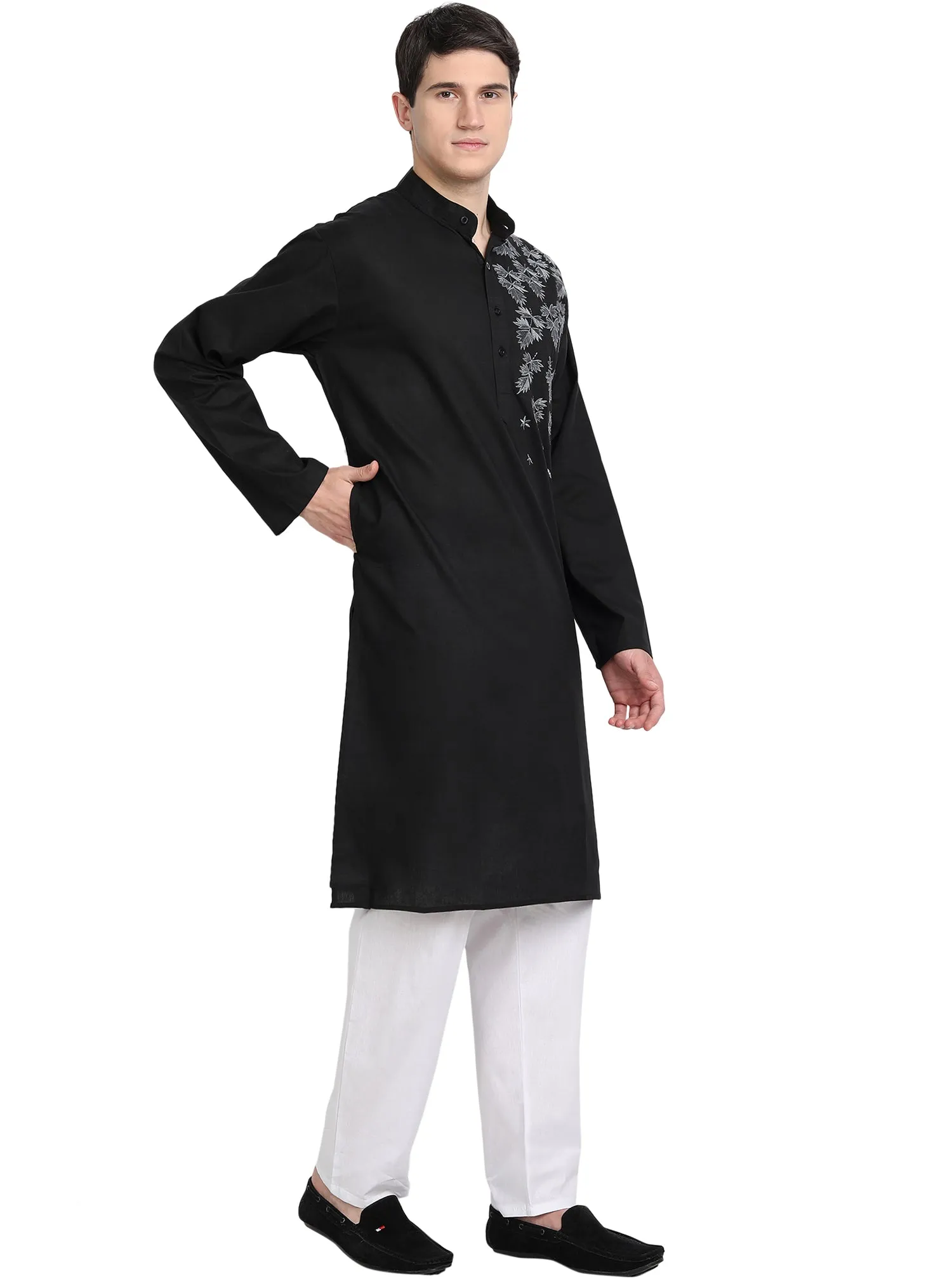 Kurta Pajama Set For Men Embroide Cotton Wedding Party Dress Black