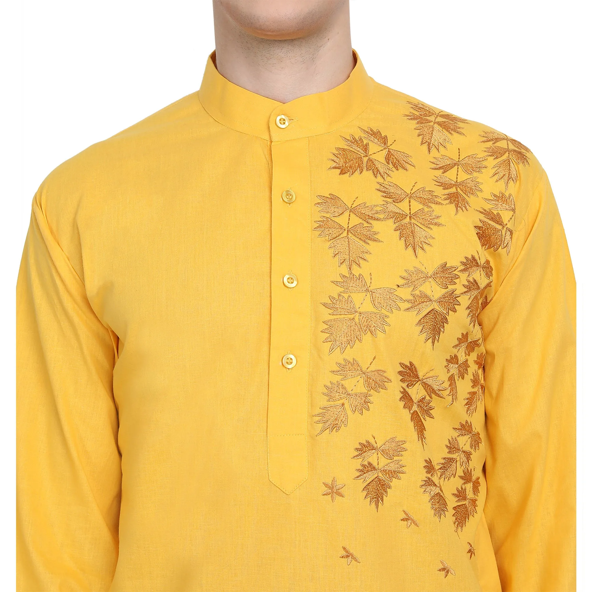 Kurta Pajama Set For Men Embroide Cotton Wedding Party Dress Gold