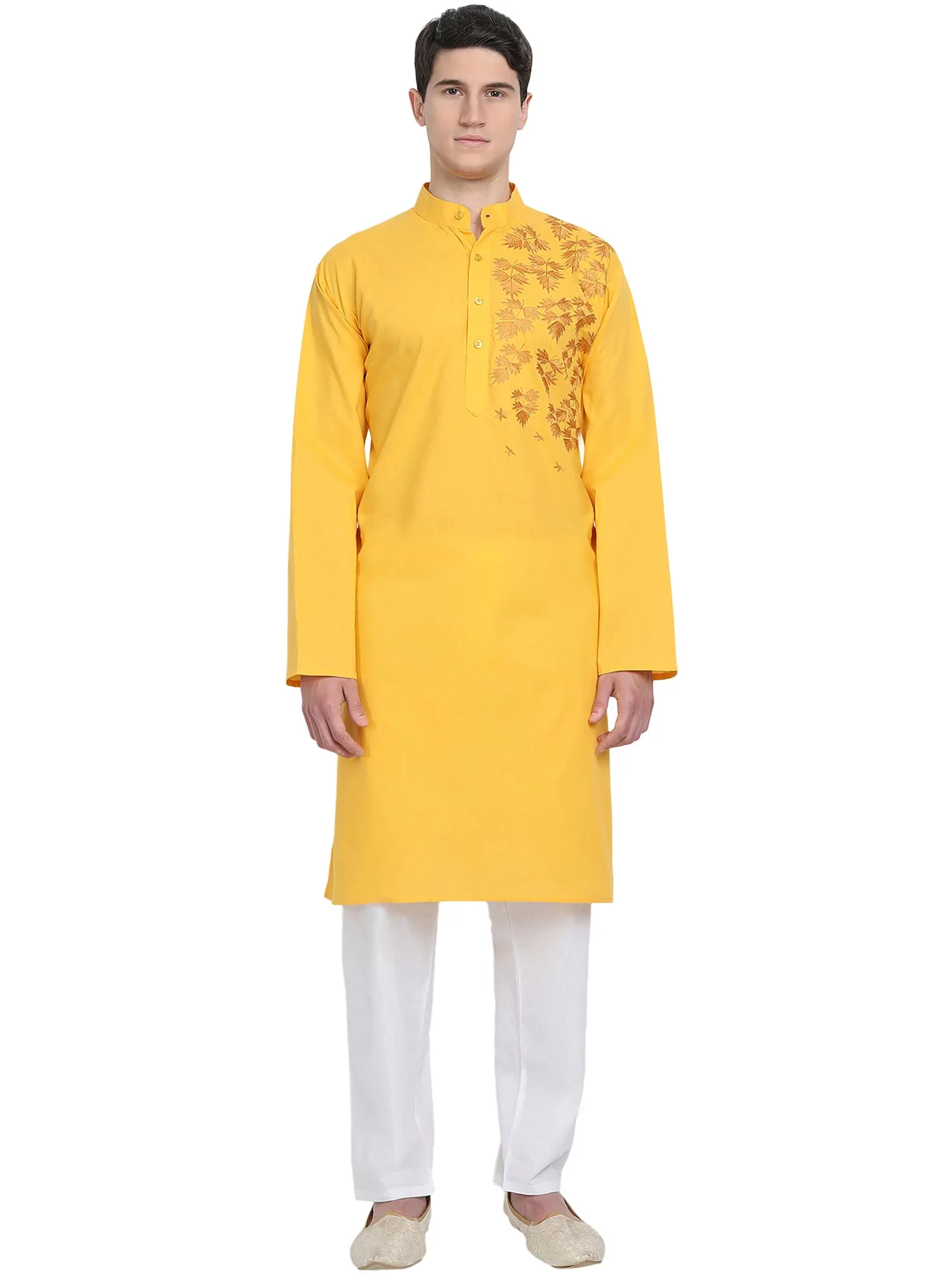 Kurta Pajama Set For Men Embroide Cotton Wedding Party Dress Gold