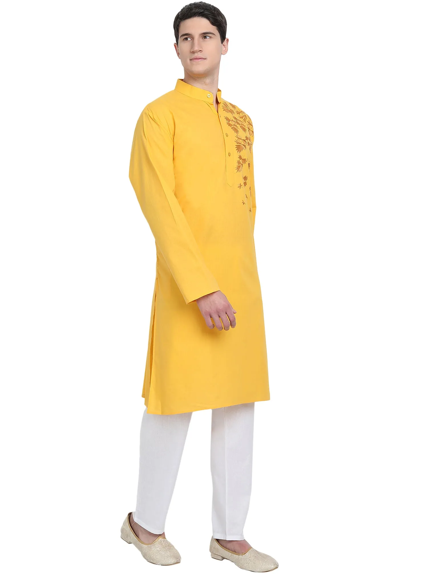 Kurta Pajama Set For Men Embroide Cotton Wedding Party Dress Gold