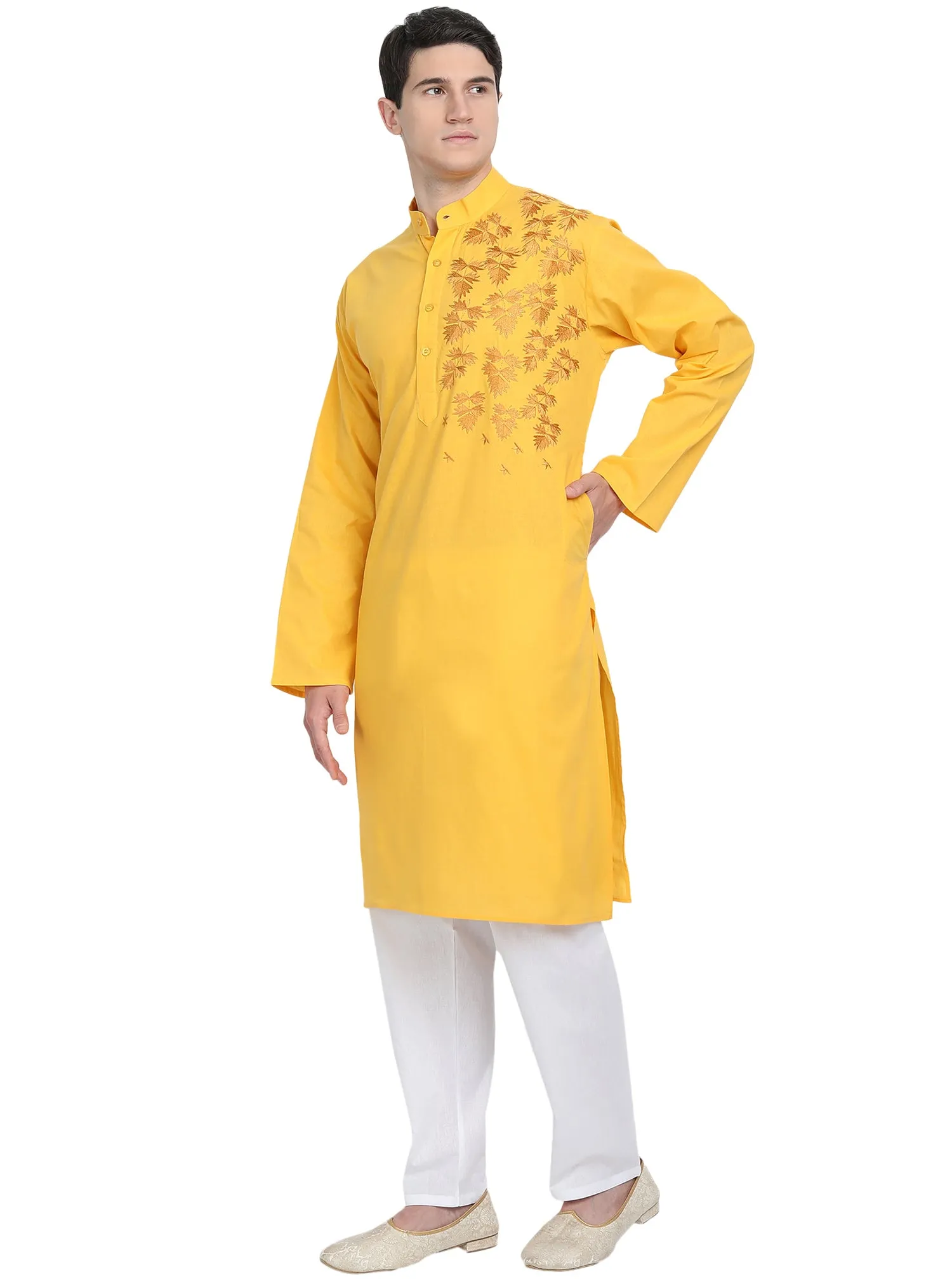 Kurta Pajama Set For Men Embroide Cotton Wedding Party Dress Gold