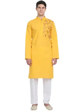 Kurta Pajama Set For Men Embroide Cotton Wedding Party Dress Gold