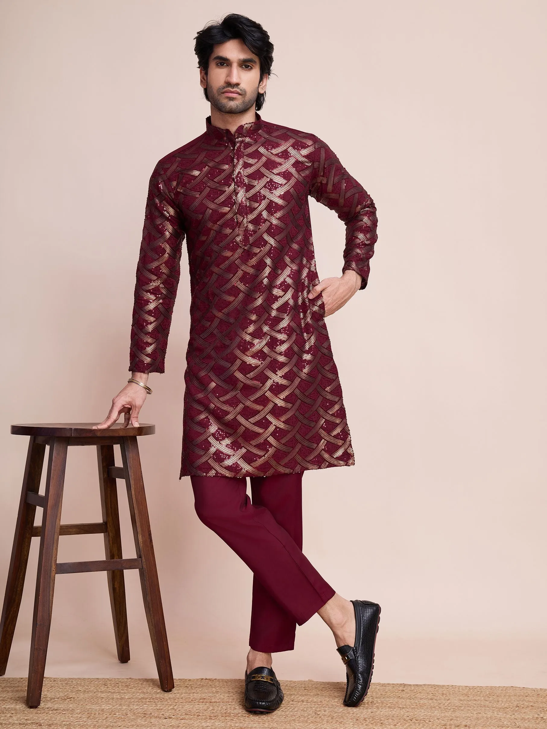 Maroon Colour Soft Silk Heavy Thread Work With Sequines Work Kurta Payjama