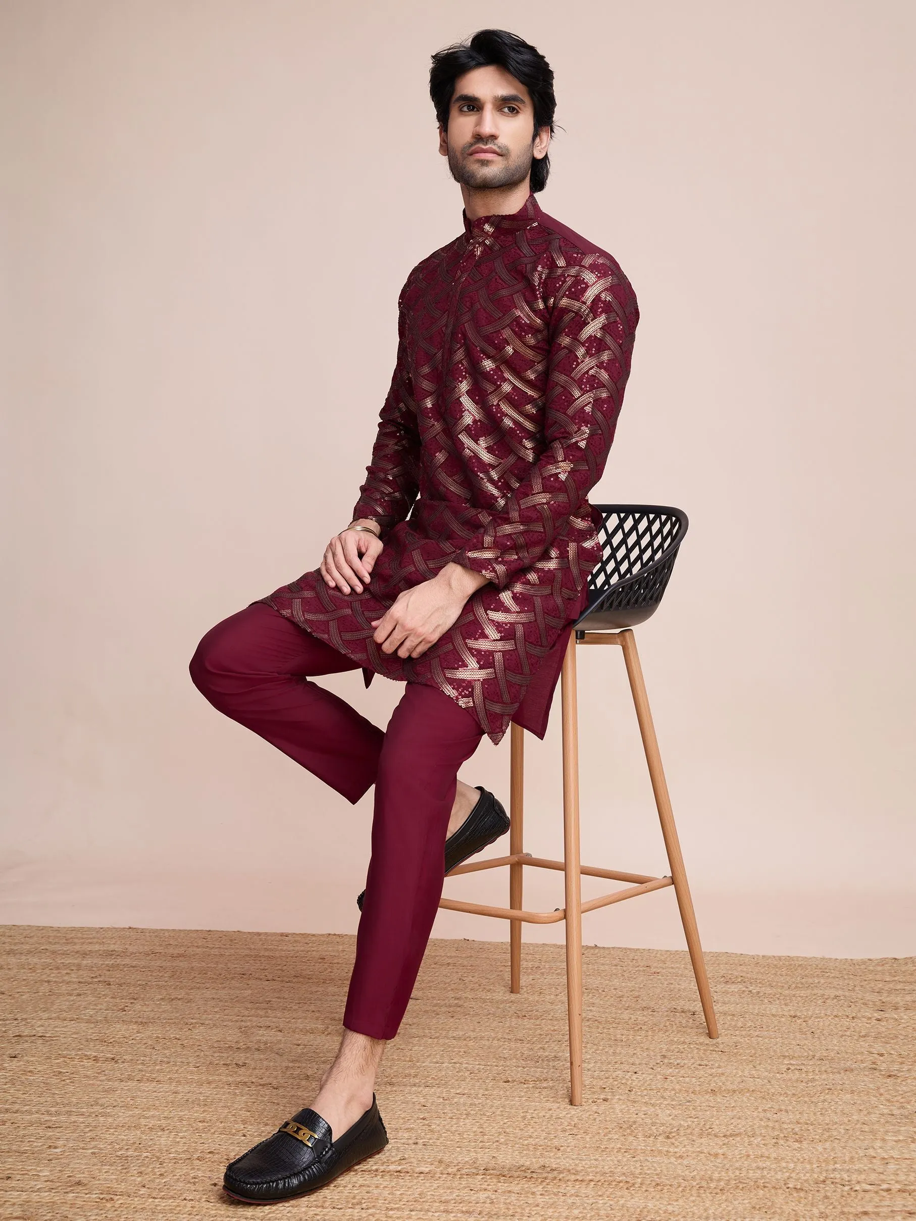 Maroon Colour Soft Silk Heavy Thread Work With Sequines Work Kurta Payjama