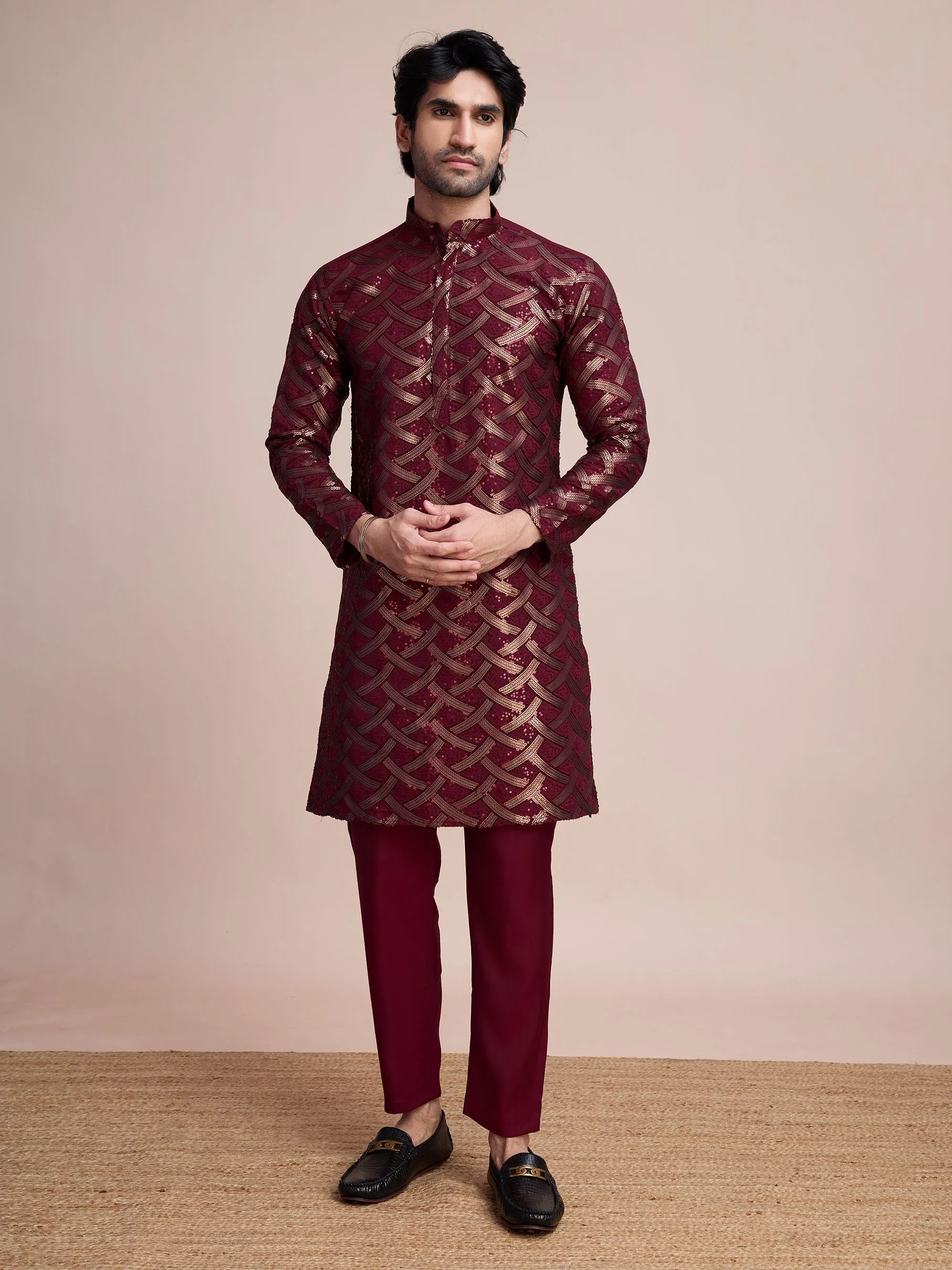 Maroon Colour Soft Silk Heavy Thread Work With Sequines Work Kurta Payjama