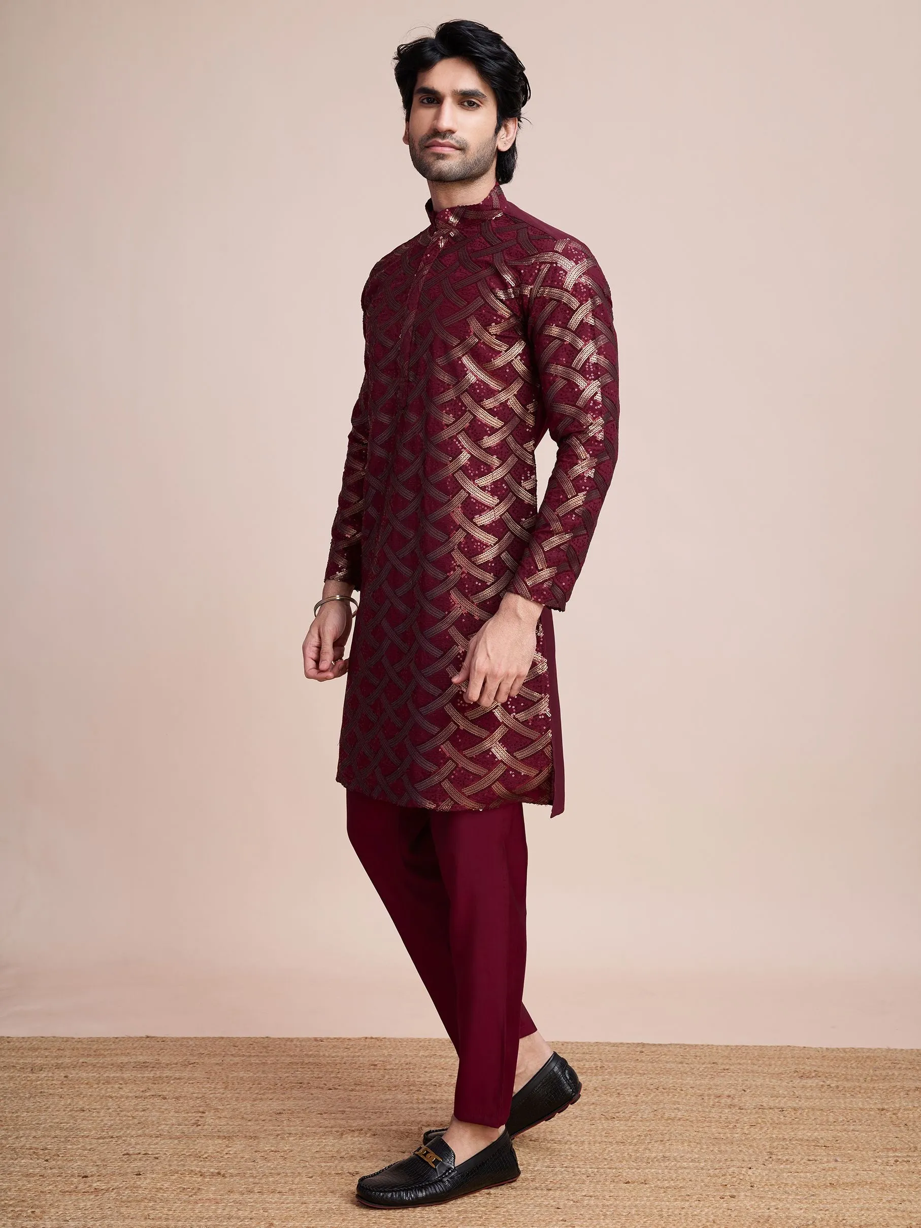 Maroon Colour Soft Silk Heavy Thread Work With Sequines Work Kurta Payjama