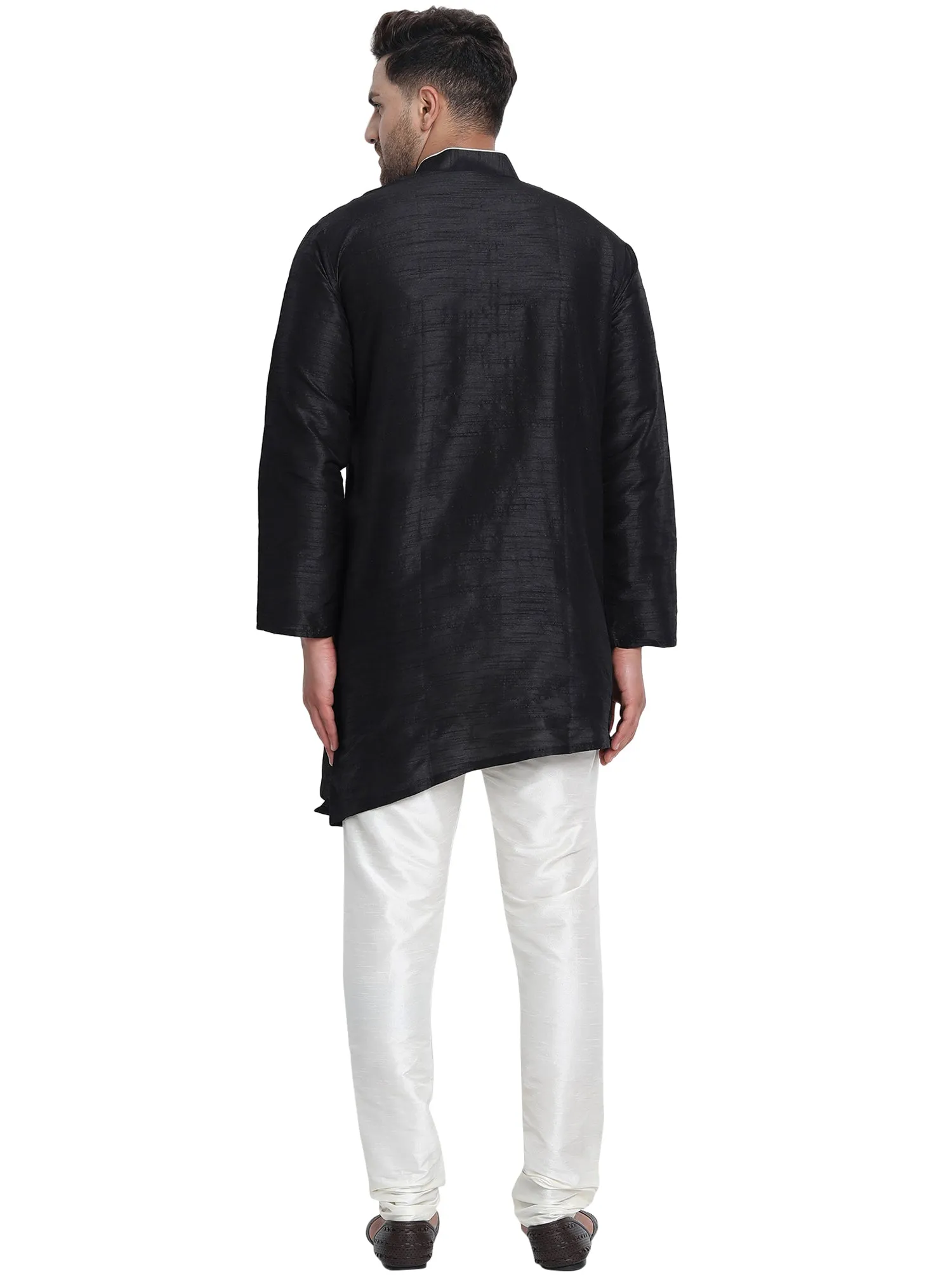 Men Art Silk Cross Cut Ethnic Kurta Pajama Set Traditional Indian Clothing Black
