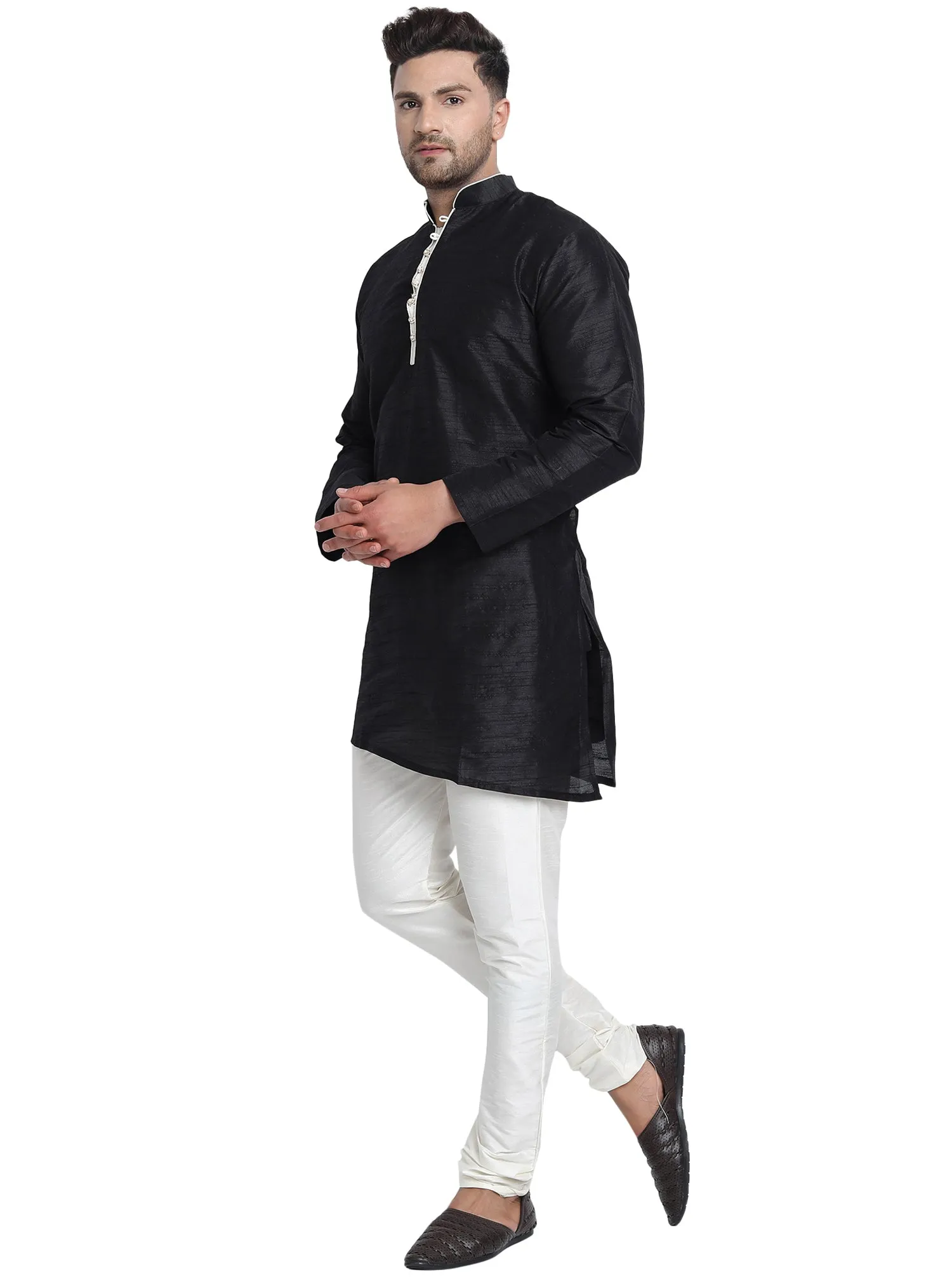 Men Art Silk Cross Cut Ethnic Kurta Pajama Set Traditional Indian Clothing Black