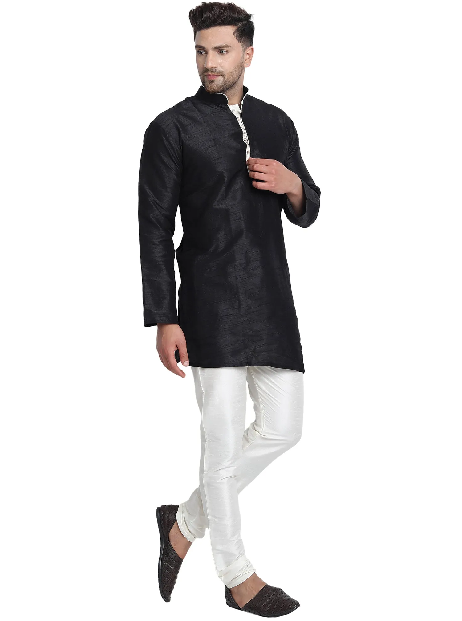 Men Art Silk Cross Cut Ethnic Kurta Pajama Set Traditional Indian Clothing Black