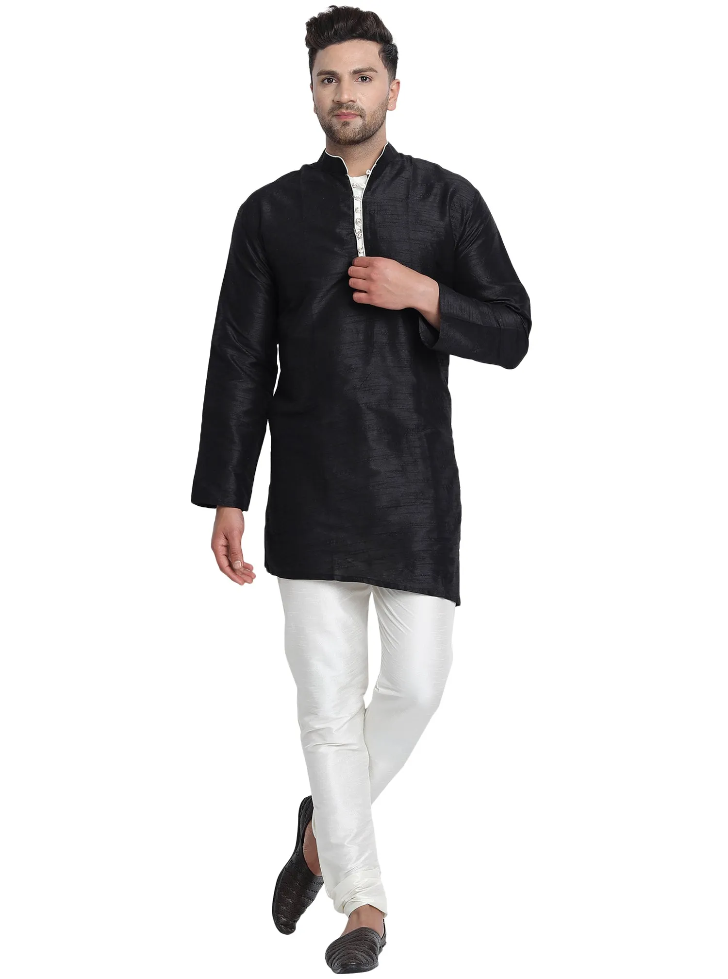 Men Art Silk Cross Cut Ethnic Kurta Pajama Set Traditional Indian Clothing Black