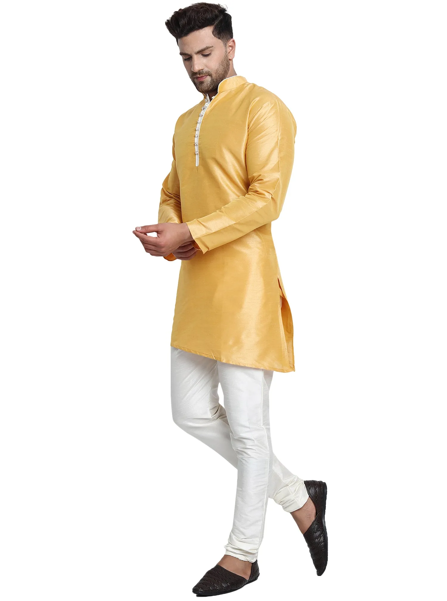 Men Art Silk Cross Cut Ethnic Kurta Pajama Set Traditional Indian Clothing Gold