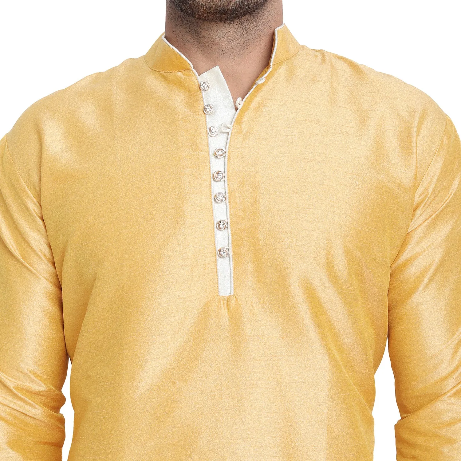 Men Art Silk Cross Cut Ethnic Kurta Pajama Set Traditional Indian Clothing Gold