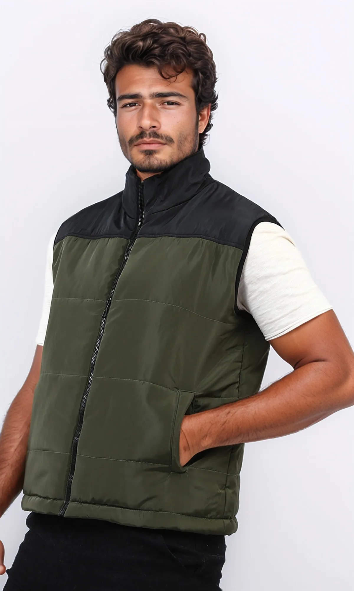o199958 - Regular Fit Bomber Vest Sleeveless - Olive & Black