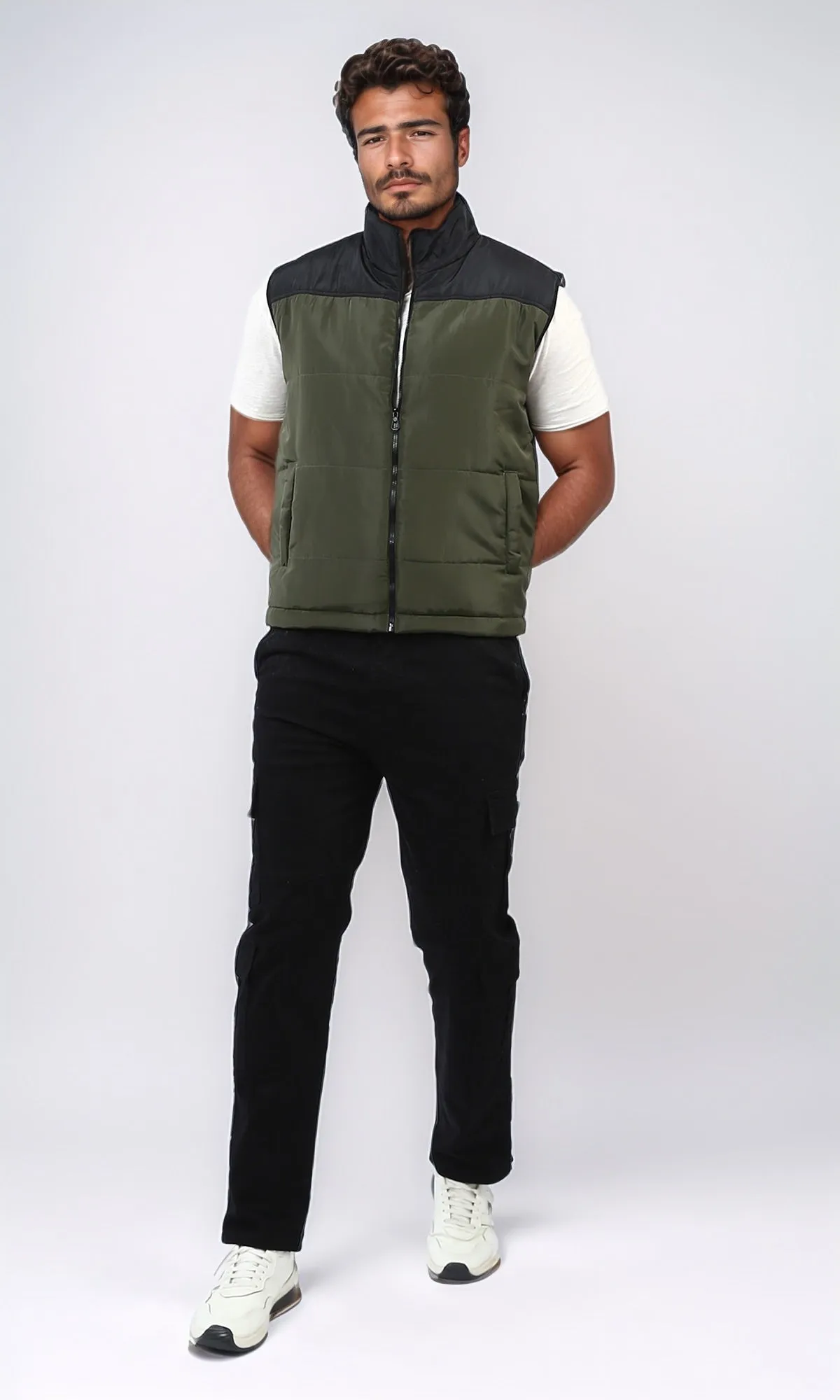 o199958 - Regular Fit Bomber Vest Sleeveless - Olive & Black