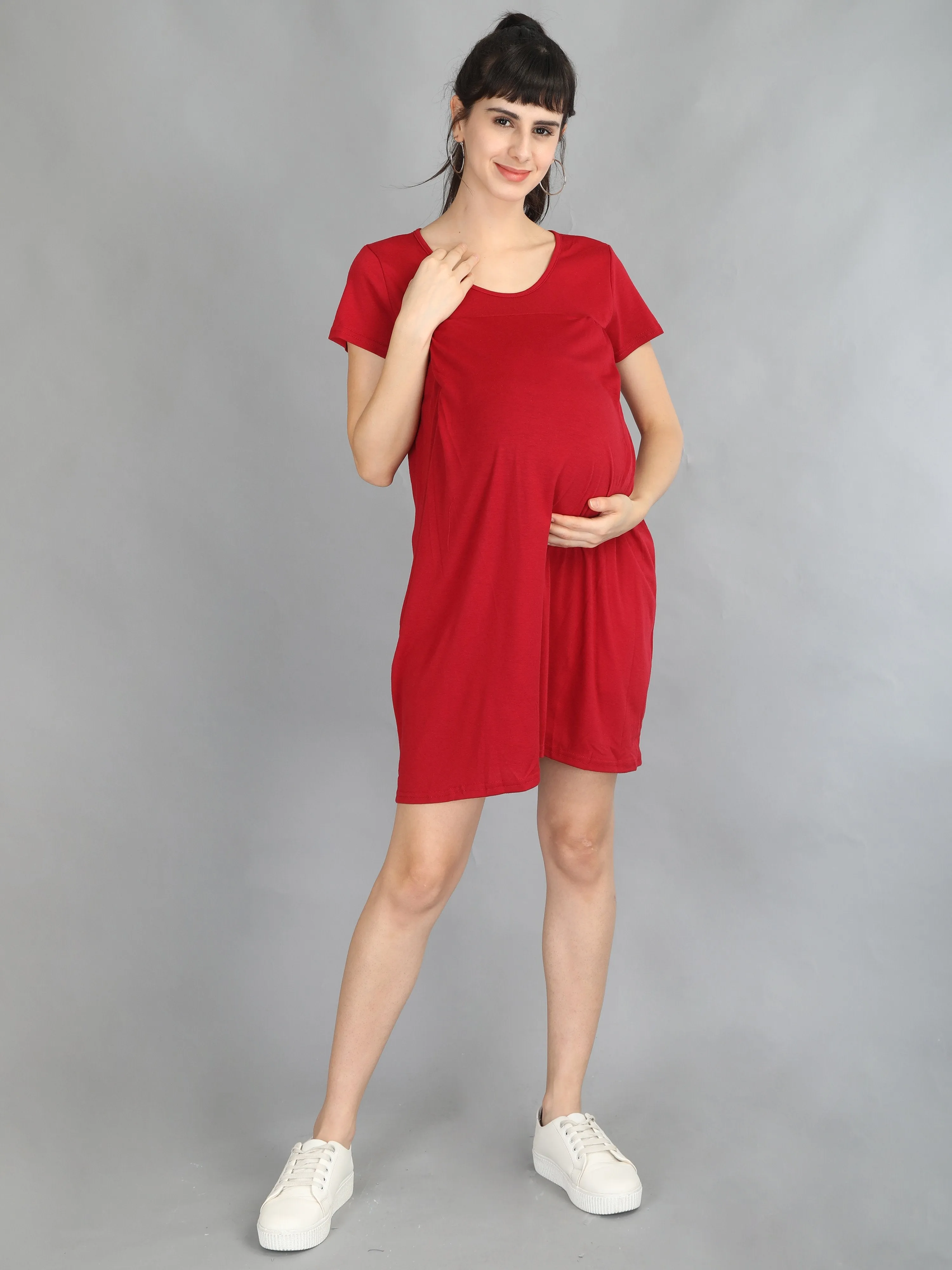 Red Maroon Maternity and Nursing Dress