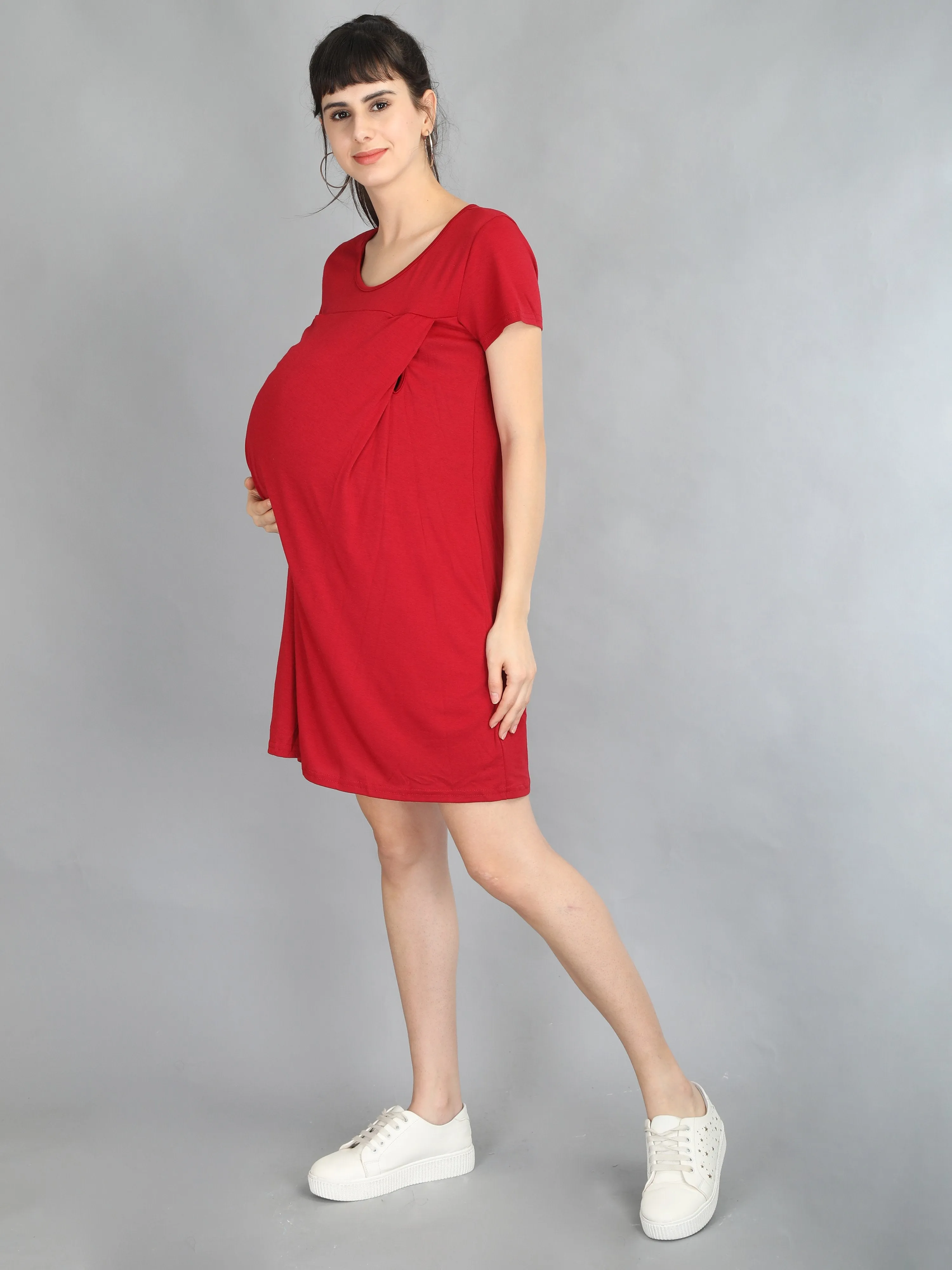 Red Maroon Maternity and Nursing Dress