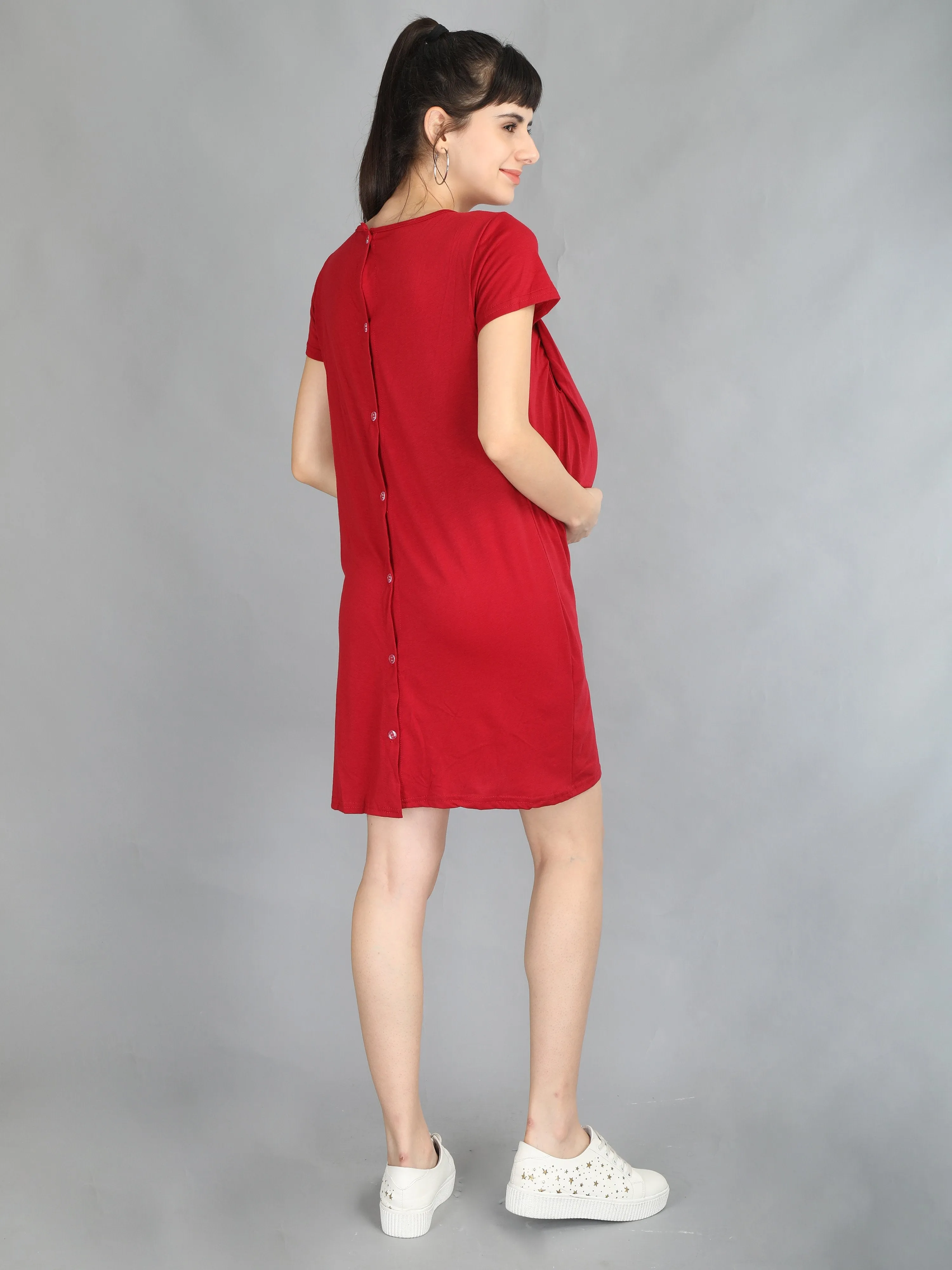 Red Maroon Maternity and Nursing Dress