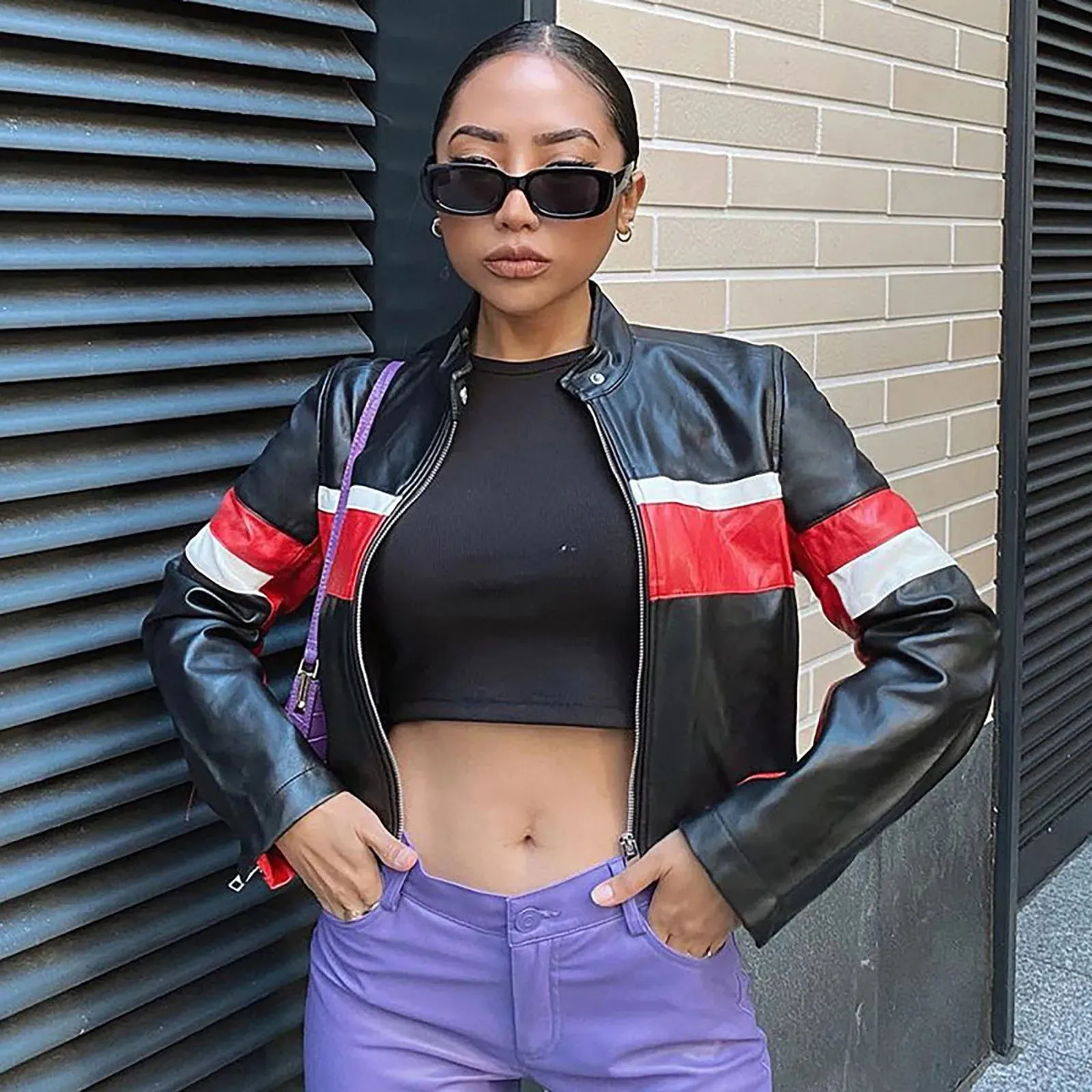 Sexy Bomber Leather Jacket Cropped Women's Contrast Color Pu Leather Jackets Ladies Long Sleeve Motorcycle Leather Jacket