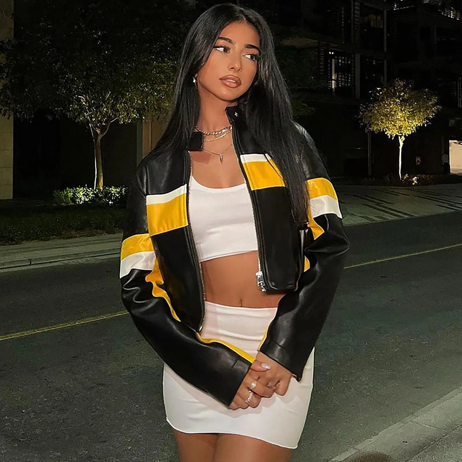 Sexy Bomber Leather Jacket Cropped Women's Contrast Color Pu Leather Jackets Ladies Long Sleeve Motorcycle Leather Jacket